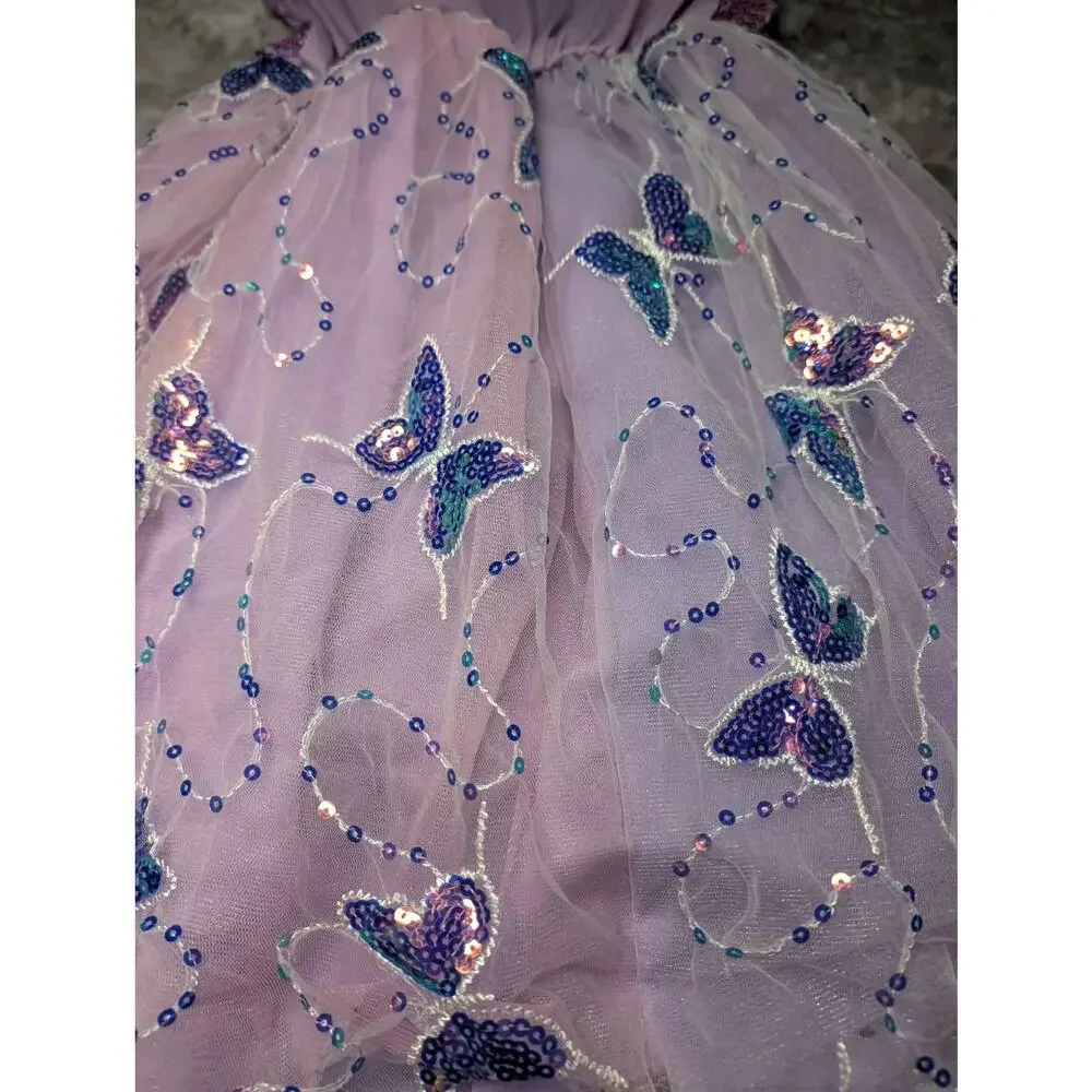 Sequin Butterflies Purple Princess Dress Halloween Costume Cosplay Girls M 5-6